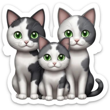 3 different coloured small cats including a dark grey and white, and a patchy calico and a completely solid dark grey with green eyes and only white paws sticker