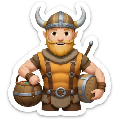 A jovial Viking with round belly, horned helmet, and hearty smile while carrying supplies.
 sticker