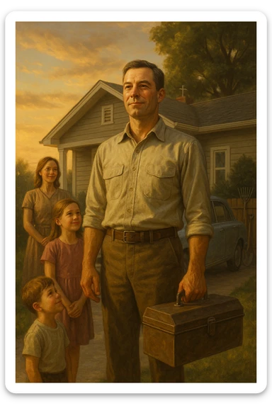 Uomo tra i 35 e i 45 anni, in piedi con postura fiera davanti alla sua casa, circondato dalla famiglia: moglie e figli lo guardano con rispetto e affetto. Indossa abiti semplici ma ordinati, simbolo di lavoro e stabilità (camicia, pantaloni, magari una cassetta degli attrezzi o una valigetta vicino). Sullo sfondo elementi che richiamano i suoi ruoli: casa ordinata, auto familiare, strumenti di lavoro, simboli di protezione e presenza. Espressione serena, forte ma accogliente. Colori caldi, luce naturale del tramonto. Stile realistico, atmosfera rassicurante e simbolica sticker