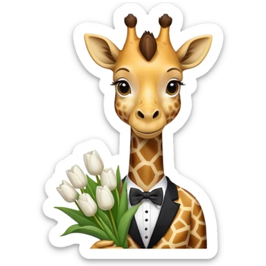 Giraffe with a bow tie with a bouquet of white tulips  sticker