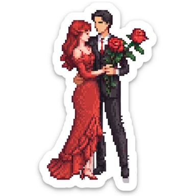 pixel art emoji of a Spanish tango couple, man in black suit and red rose, woman in flowing red dress, one leg extended, close embrace, elegant and expressive, small and cute sticker