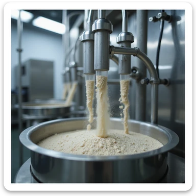 industrial stainless steel machinery extracting and purifying dried pig thyroid, transparent tubes showing powder flow, sterile atmosphere, technical details, hyperrealistic 4K sticker