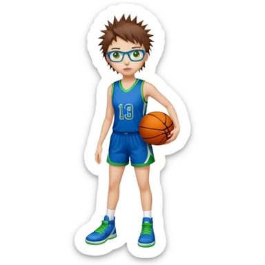 Full Body white plus size Girl with basketball spikey short brown HAIR wearing blue glasses with green eyes wearing blue and green basketball uniform PLAIN sticker