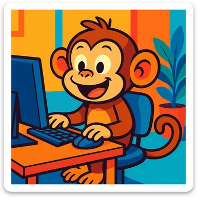 a cartoon monkey at a computer desk, vibrant toon style sticker