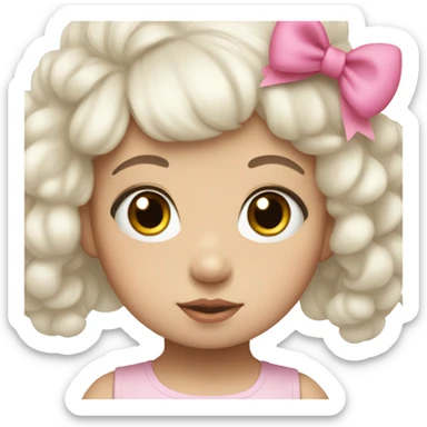 white and korean baby girl with big eyes, black hair and a pink bow in her hair. sticker