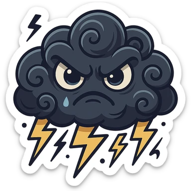 Angry thunderstorm cloud in cartoon style with dark colors (deep gray, navy blue), yellow lightning bolts, furious expression, transparent background. Inspired by the reference image. sticker