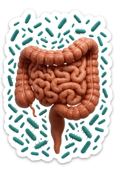 intestino umano anatomico con batteri intestinali che gli fluttuano intorno, iperrealistico 4k sticker