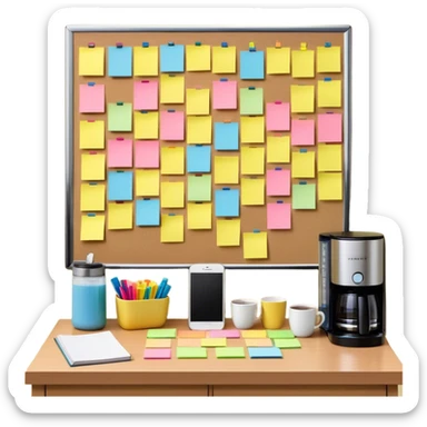 A bulletin board with sticky notes arranged in a progress-tracking grid. Next to it, a water bottle and book sit beside a coffee maker, while a phone is face-down outside a bedroom, symbolizing a distraction-free habit system. sticker