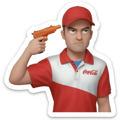 grumpy coca-cola employee with a toy gun pointed at his head sticker