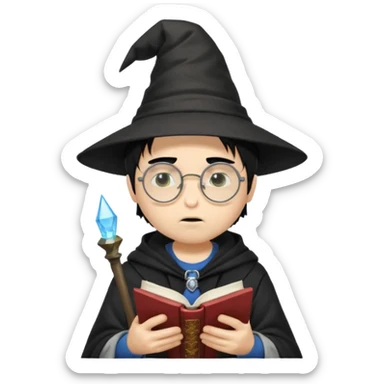 ["A sad boy with light skin, straight hair, wearing a wizard hat and round glasses, dressed in punk fashion, is reading a book while holding a phone."] sticker