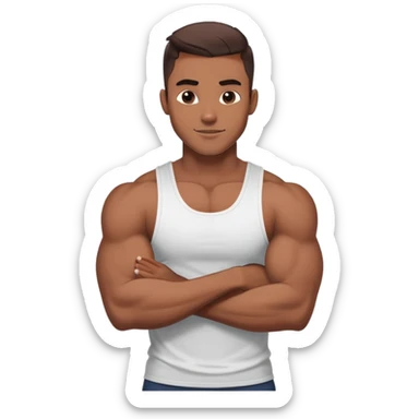 Handsome muscular boyfriend with defined abs, wearing a tank top, strong jawline, darkerr skin, charming smirk, flexing arm, sticker