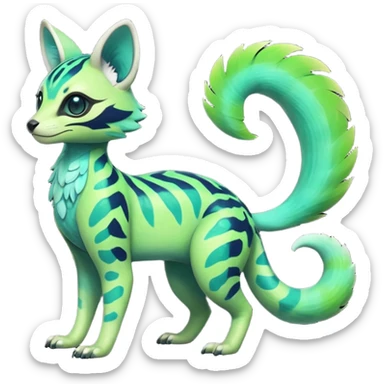 Rare realistic iridescent neon lime-green & cyan gradients lush tropical exotic cute epic pretty beautiful handsome gorgeous aesthetic colorful vibrant Vernid-Protogen-Primagen-Wickerbeast-Genet-Trico-species-Fakemon-hybrid-creature by LiLaiRa, beautiful intricate markings, full body sticker