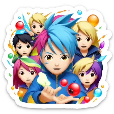 Icon for Anime: vibrant, dynamic scene with popular anime characters in action, featuring exaggerated expressions and colorful backgrounds. The design should reflect the distinct, energetic style of anime, with iconic eyes and unique visual elements. Transparent background. sticker