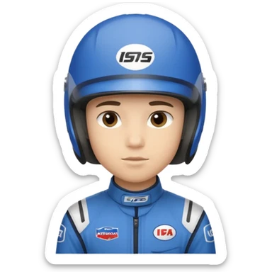 A light-skinned boy with short dark hair, wearing a blue racing helmet and an oval face with a neutral look. sticker