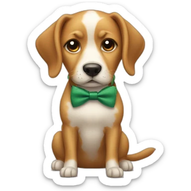 A dog with the bowtie eating an apple sticker