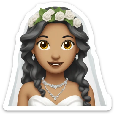 torso of a latina bride with long hair, silver jewelry and a bouquet sticker