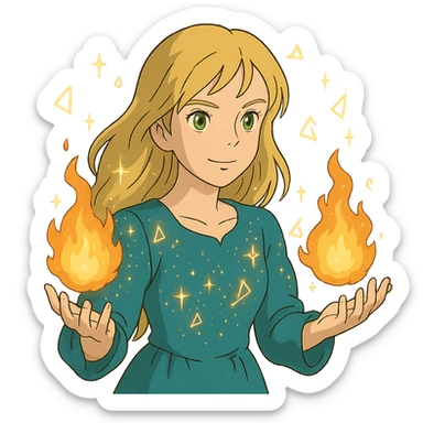 blonde woman with green eyes, fireballs in her hands, magical sparkles and glowing runes, ghibli style sticker