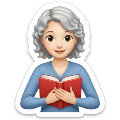 Silver hair, wavy/curly hair chin-length lady giving hug with 2 arms,  v-neck and smiling, add a favorite book sticker