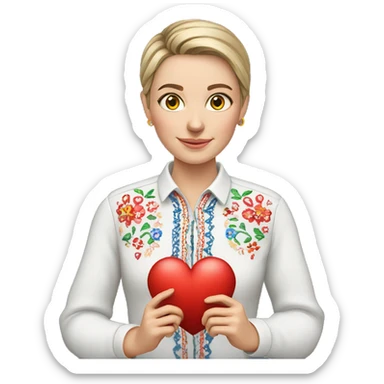 A Ukrainian teacher in an embroidered shirt holds a heart in her hands sticker