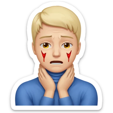 a bust of a person with both their hands around their neck with a face in pain sticker