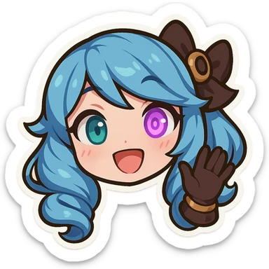 chibi style Gwen from League of Legends, only head, right eye glowing purple, waving gloved hand, cheerful and lively sticker