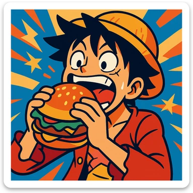 Luffy from One Piece eating a burger, vibrant, energetic, anime style sticker