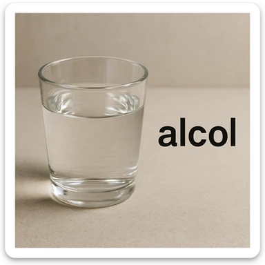 photo realistic glass with transparent liquid and the word 'alcol' in Italian next to it sticker