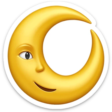 A 3D Apple-style emoji of a crescent moon (hilal), smooth golden-yellow surface, shiny and glowing, minimal and clean design, cute and soft cartoon style. sticker