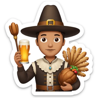 Mexican man dressesd as  Thanksgiving pilgram holding a large drumstick and Corona beer sticker