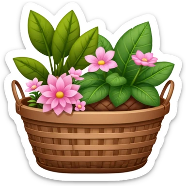 A brown basket of different plants with some pink aesthetic motives on the basket in an ios 18 emoji  sticker