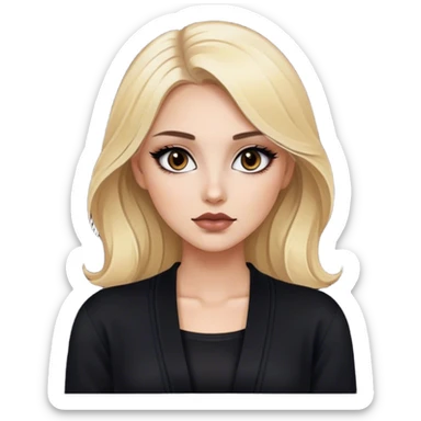 Blonde model with brown eyes, black cardigan, luxury makeup sticker