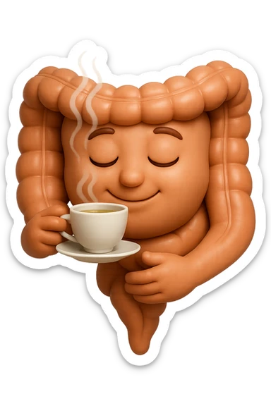 emoji stile iphone 3d di intestino umano sereno che si tocca la pancia mentre sorseggia un thè alle erbe, iperrealistico 4k sticker