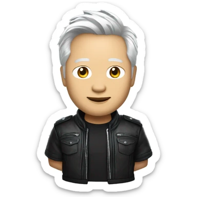 jensen huang with white hair and in black leather jacket holding nvidia gpu with both hands sticker