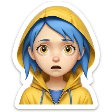 Coraline with blue hair, yellow raincoat, dramatic crying face, eyes looking up choking herself. sticker