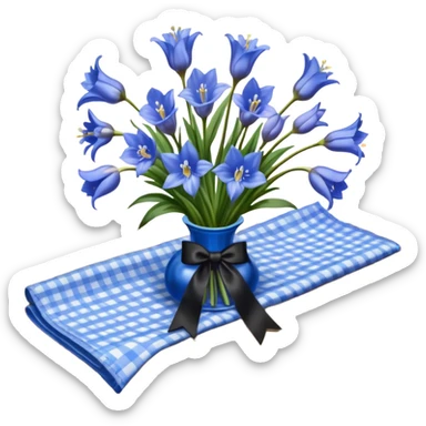 A lush bouquet of bright blue color bluebell black satin ribbon, resting on an antique wooden table, with a pale yellow and pink plaid pattern table cloth sticker