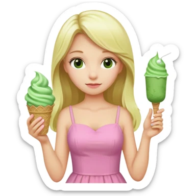 girl blonde long hair in pink dress,  holding matcha ice cream sticker