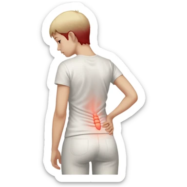 A realistic medical illustration of a person standing and holding their lower back in pain. A soft red glow highlights the lower back area to indicate soreness. The person has a natural expression of discomfort. Clean white background, even lighting, clinical style, full body view. sticker