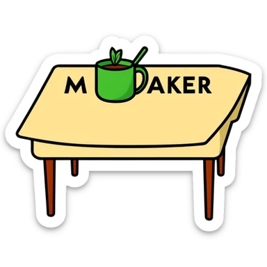 table with MAKAR written on top sticker