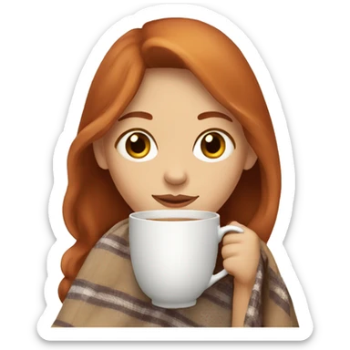 girl with reddish hair with brown eyes with blanket around shoulders sipping tea sticker