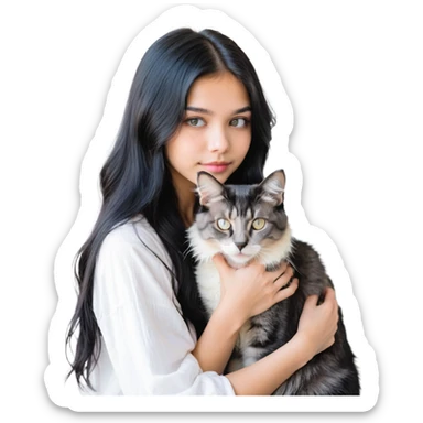Beautiful girl with long black hair hugs a gray and blond mixed breed cat sticker