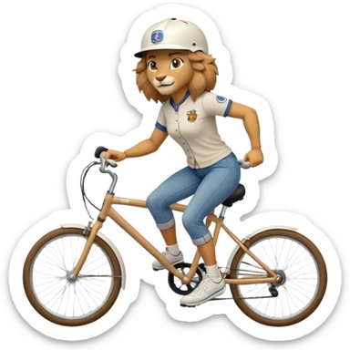 confident anthropomorphised female lion wearing a baseball shirt, jeans, trainers, and a cycling helmet, riding a bicycle sticker
