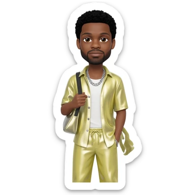 Usher with black hair, light yellow metallic shirt, light yellow metallic baggy pants, silver necklace sticker