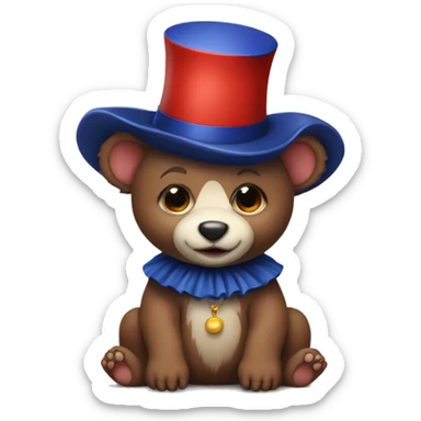 Brown baby bear. Wearing jester collar and a clown hat. The clown accessories are Navy and red and white. sticker