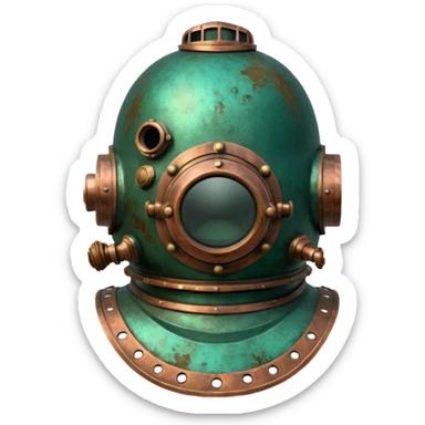 3D render of Antique Diver Helmet, heavily oxidized copper texture, verdigris patina, Bronze helmet with heavy green crust, weathered bronze aesthetic, ancient decay, emoji style, isolated on white background --v 6.0. sticker