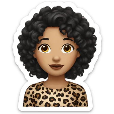 European curly long blackhair girl in leopard sticker