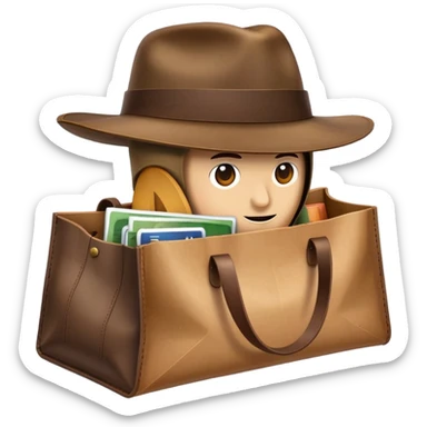 shopping bag with an Indiana Jones hat on top sticker