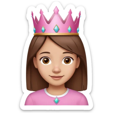 girl with straight brown hair, brown eyes, wearing a pink shirt and a crown, with a birthmark on the left side of her nose, smiling, birthday theme sticker