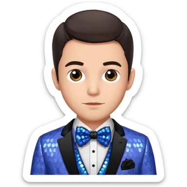 Jonathan Bailey with dark brown hair, periwinkle sequin suit with bow tie sticker