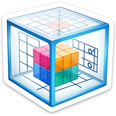An icon featuring a transparent cube with geometric sections and mathematical calculations, symbolizing the study of mathematics. The design includes algebraic formulas, graphs, and mathematical symbols, representing advanced mathematical concepts and problem-solving. Transparent background sticker