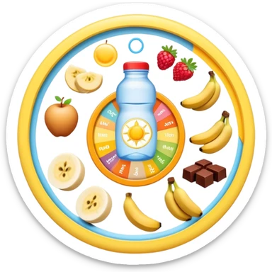 Magical daily routine wheel: water bottle, sun, chicken and rice, banana and shake, dumbbell, yogurt, chocolate and fruits, and moon symbol arranged in a wheel pattern with glowing connections between each element sticker